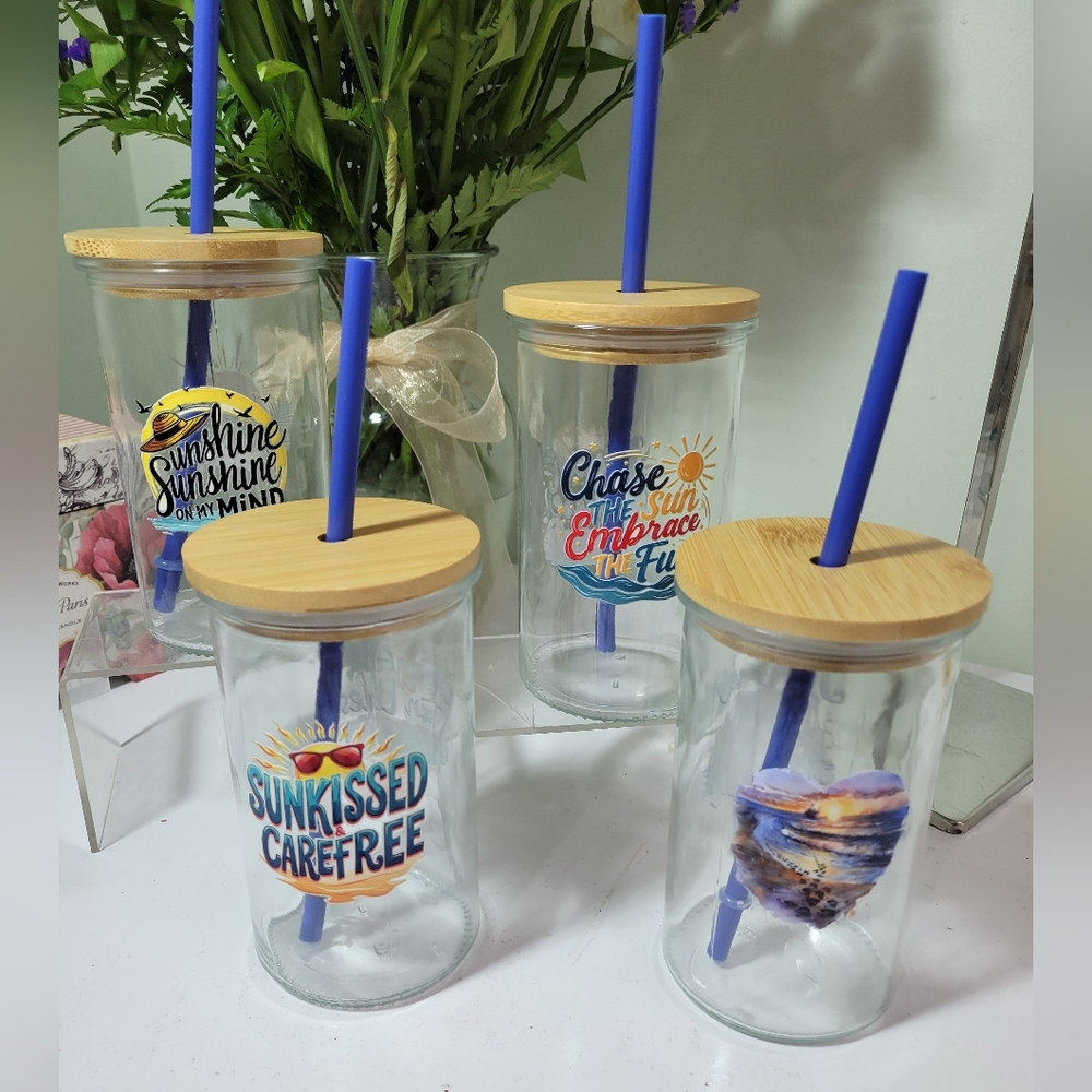4pc Set Bamboo Lid Glass Tumblers w Straws Hand Decorated Summer Theme. 16oz Ea